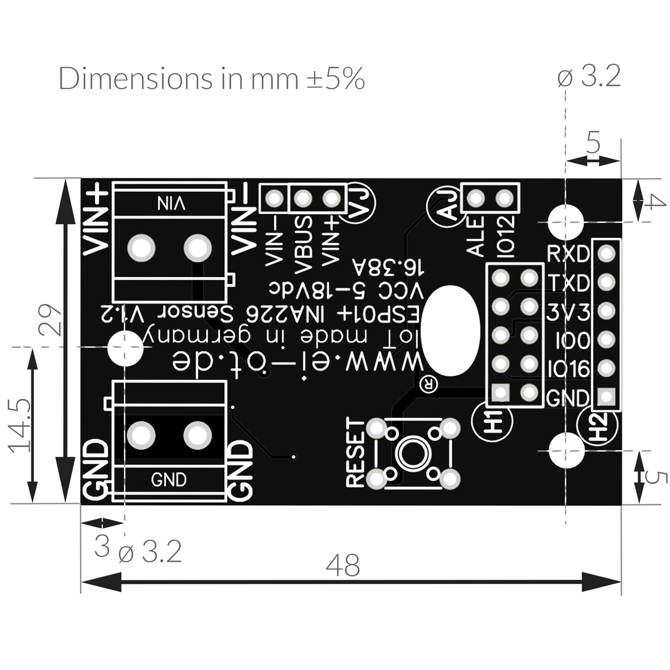Tasmota INA226 ESP8266 Modul Platine Dimensionen